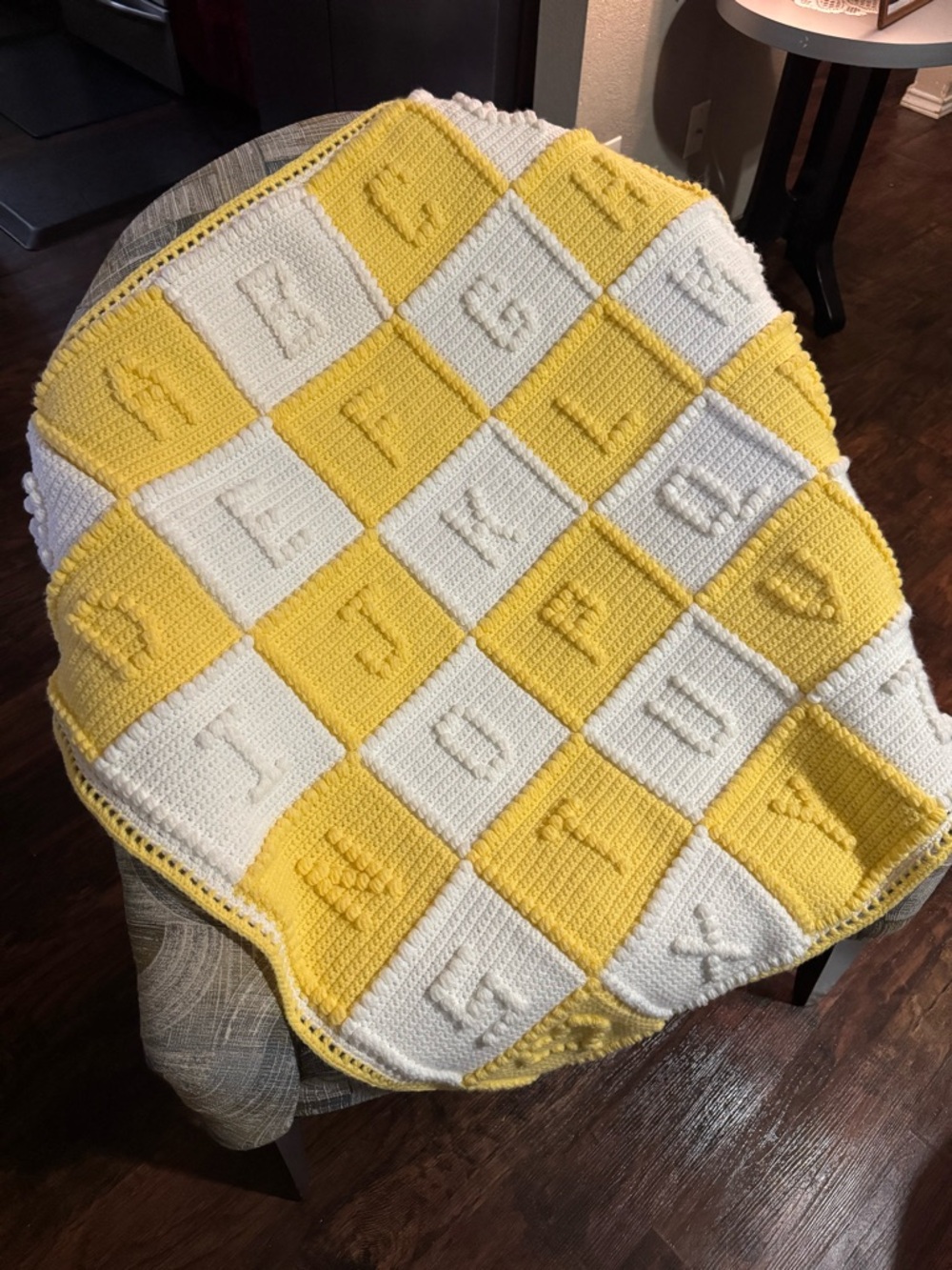 Handmade Alphabet Crochet Baby Blanket - Yellow & White